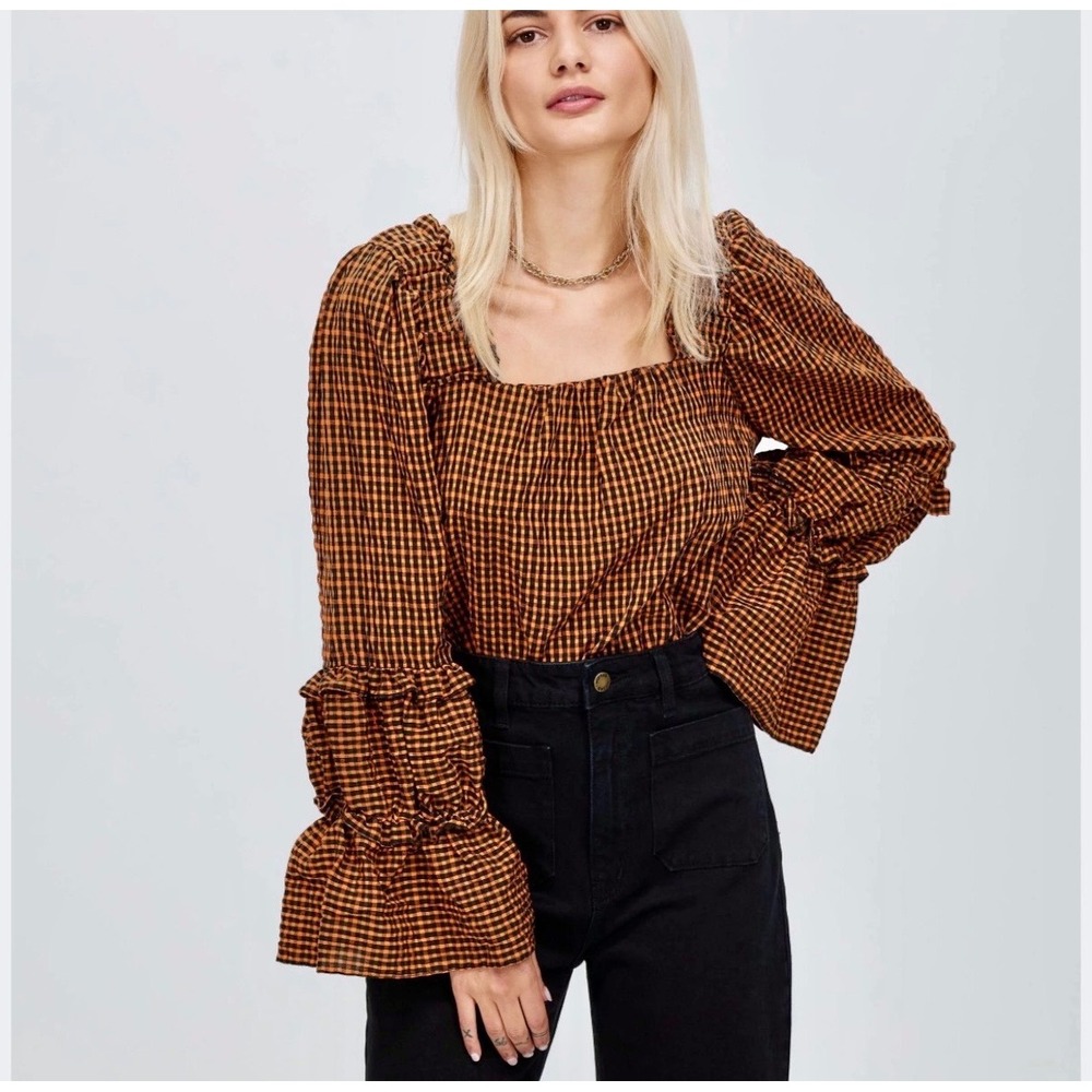 Topshop Orange Black Gingham Ruffle Square Neck Tiered Bell Sleeve Blouse Top